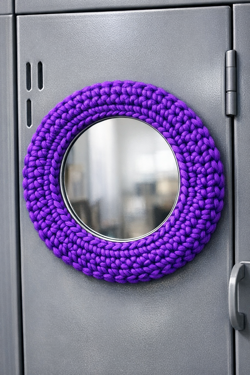Finished electric purple crocheted locker mirror frame