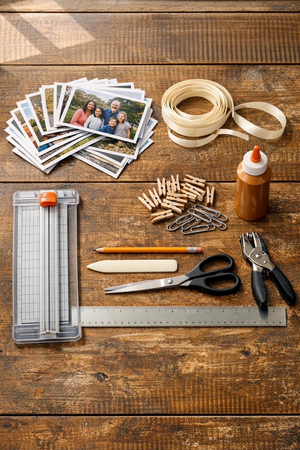 Materials for making an accordion photo star garland laid out on a wood table