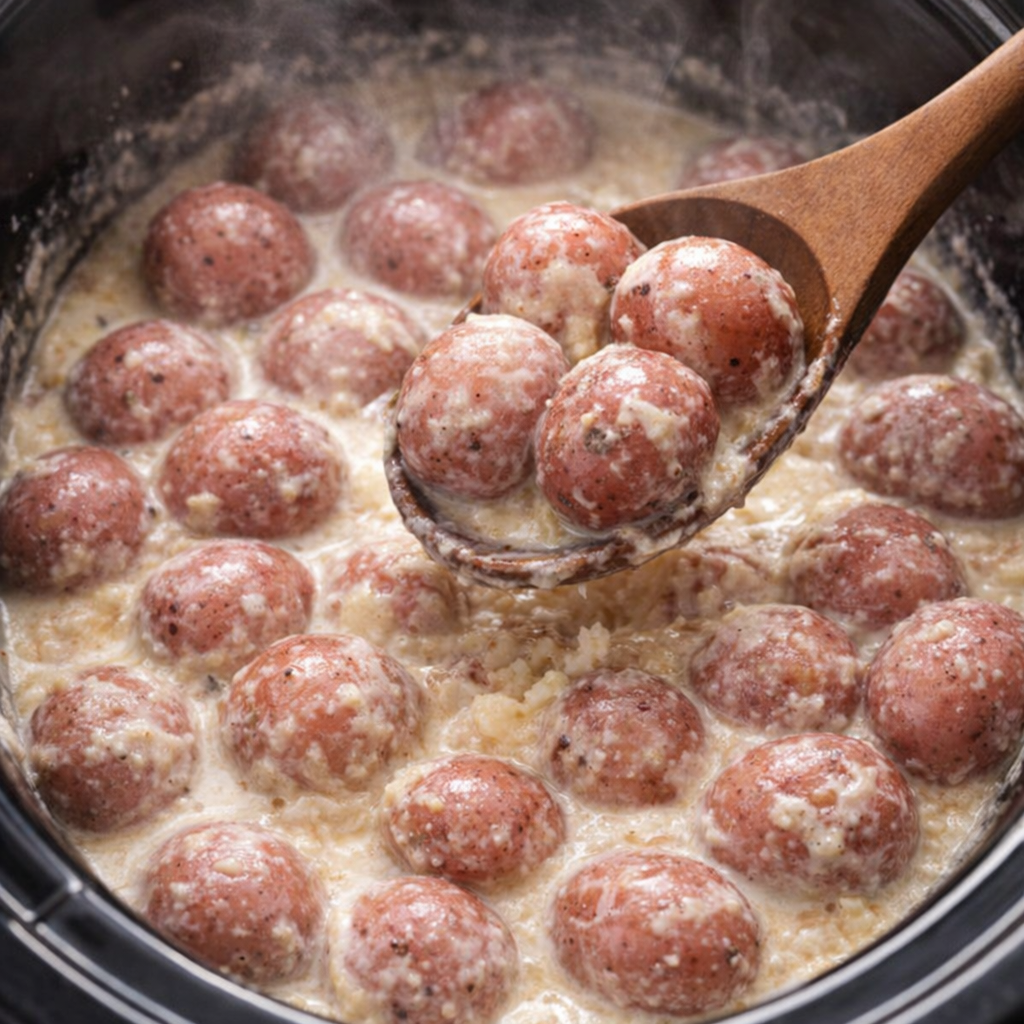 Cooked potatoes being stirred into a creamy buttery sauce
