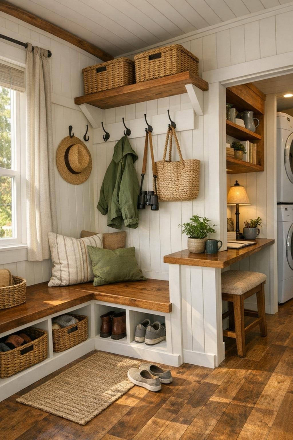 Smart entry and utility nook with built-in bench, hooks, and small desk