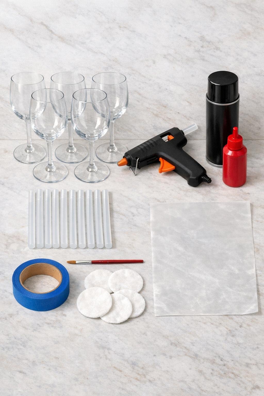 Materials for making dripping vampire goblets laid out on a kitchen counter