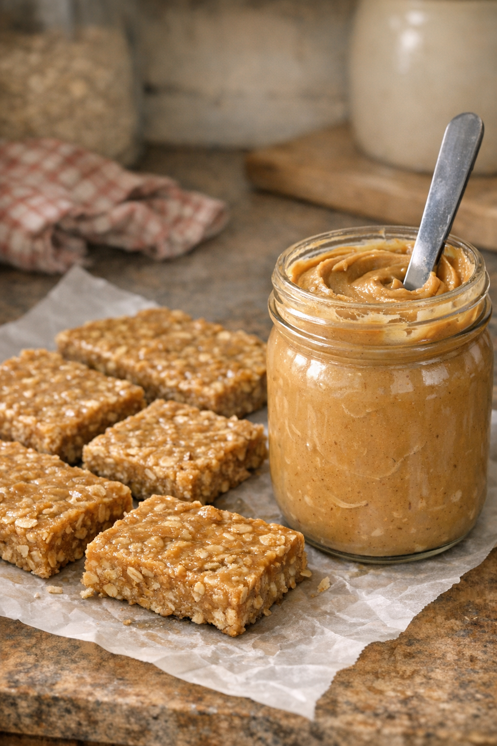 Jar of stirred natural peanut butter beside sliced oat bars