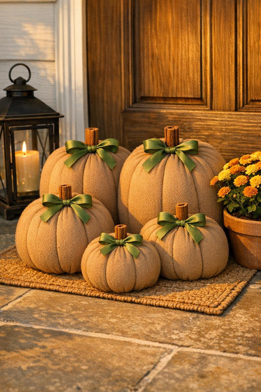 Finished family of sand-filled stocking pumpkins styled by a front door