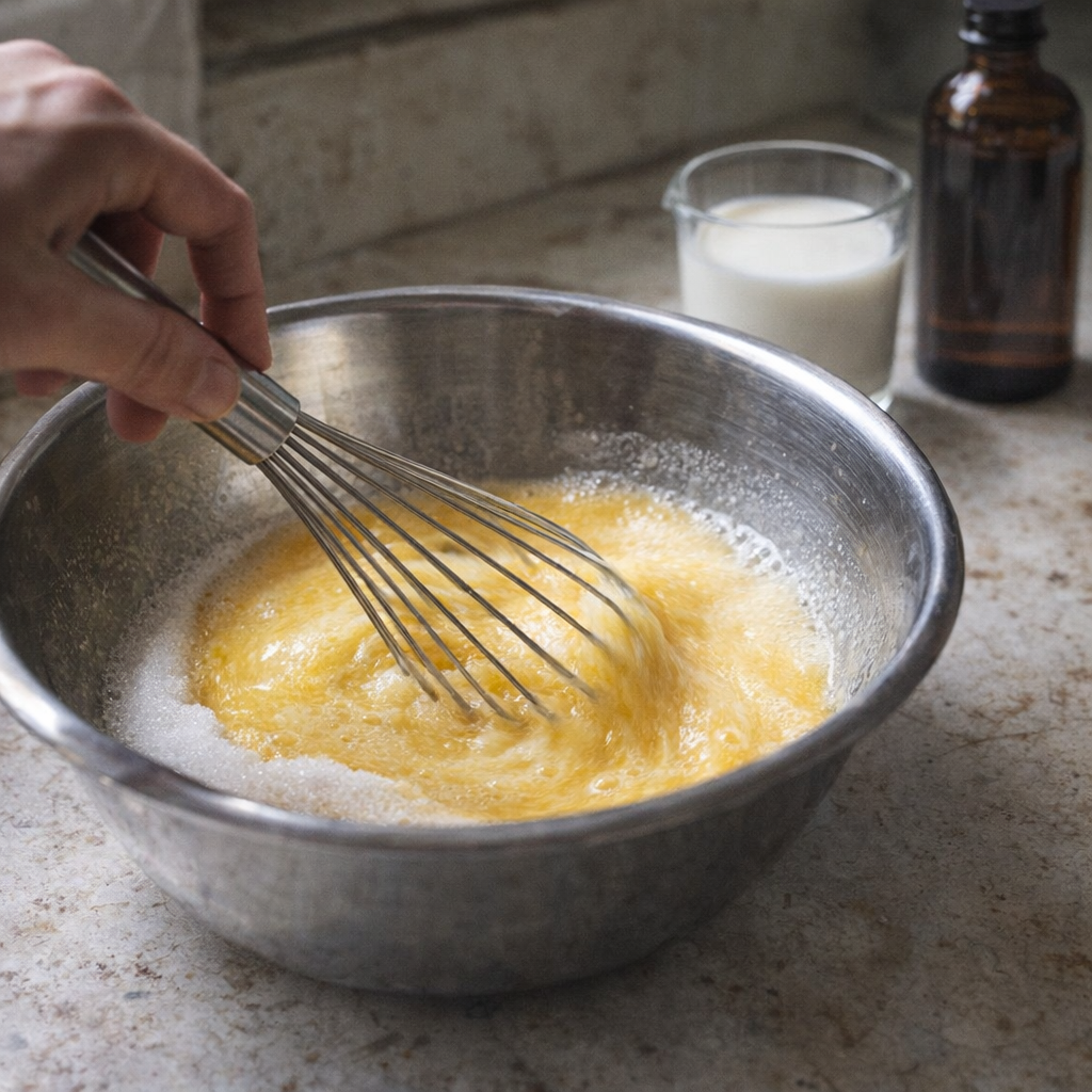 Egg and sugar custard being whisked in a mixing bowl