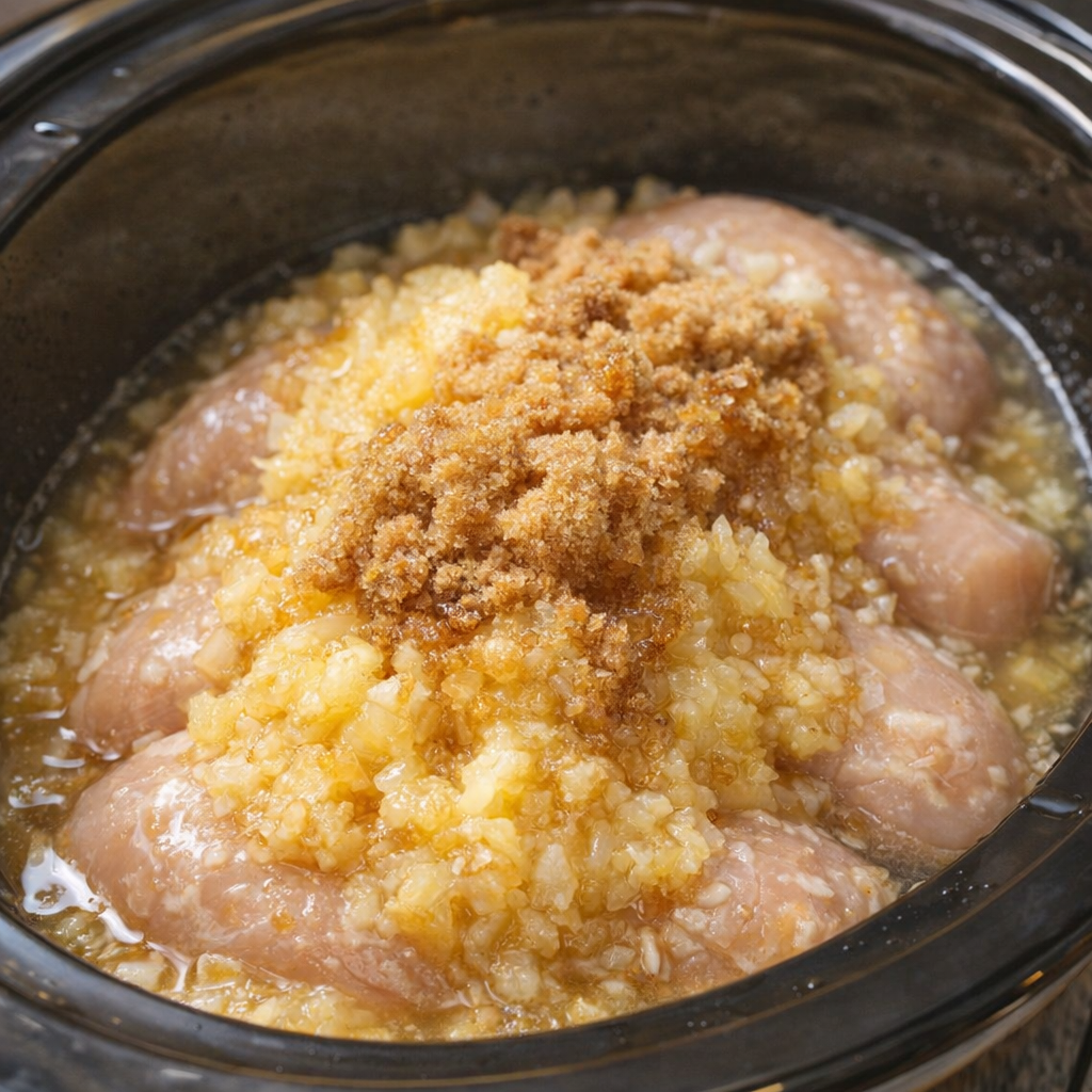 Pineapple and brown sugar coating chicken in the slow cooker