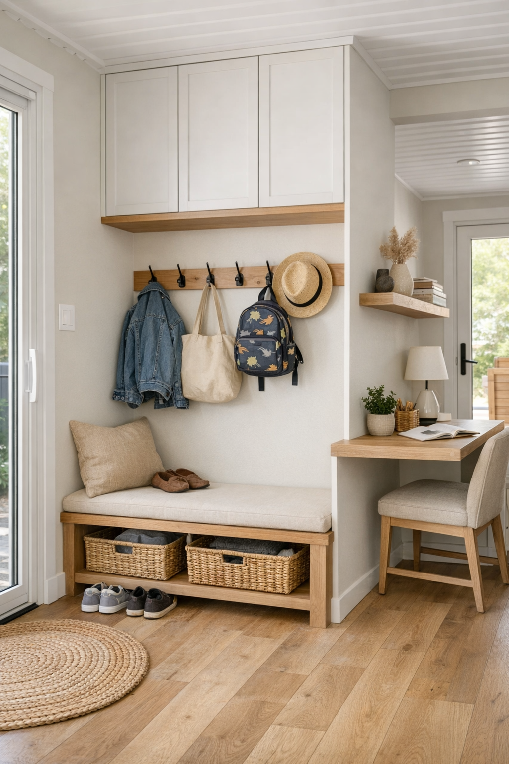Functional entry and flex nook with built-in bench, storage, and warm modern finishes