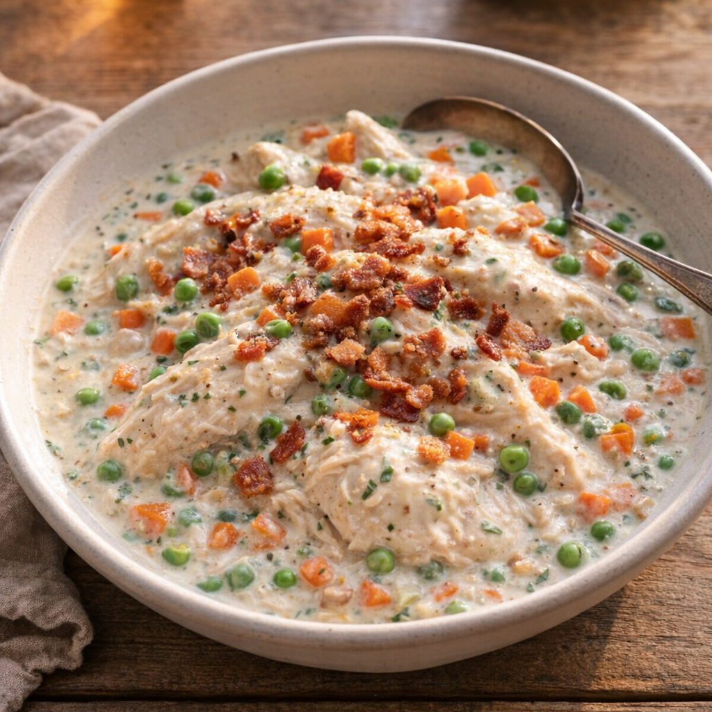 Creamy ranch chicken topped with bacon and vegetables