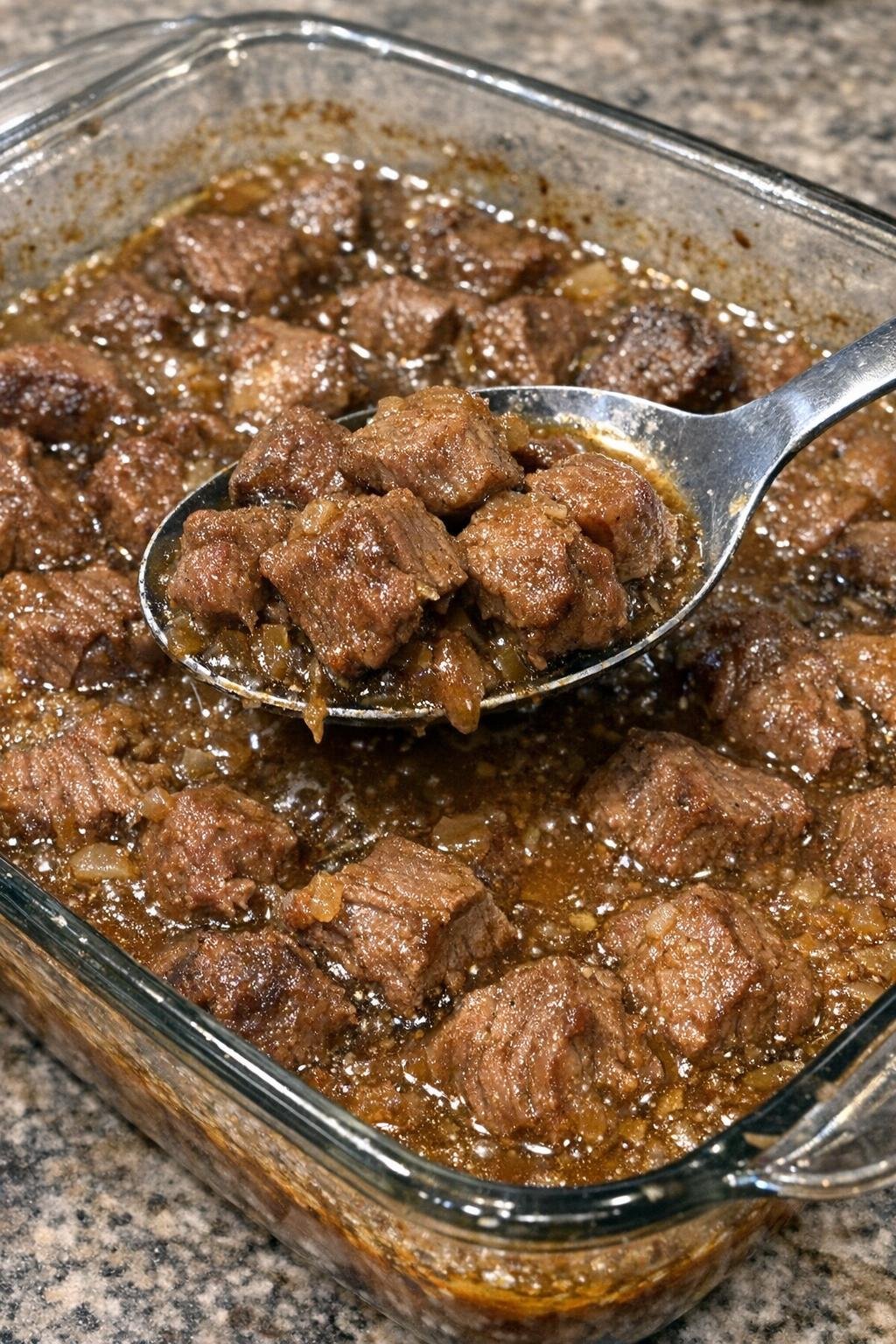 Golden brown bite-sized beef pieces in savory sauce in a glass baking dish