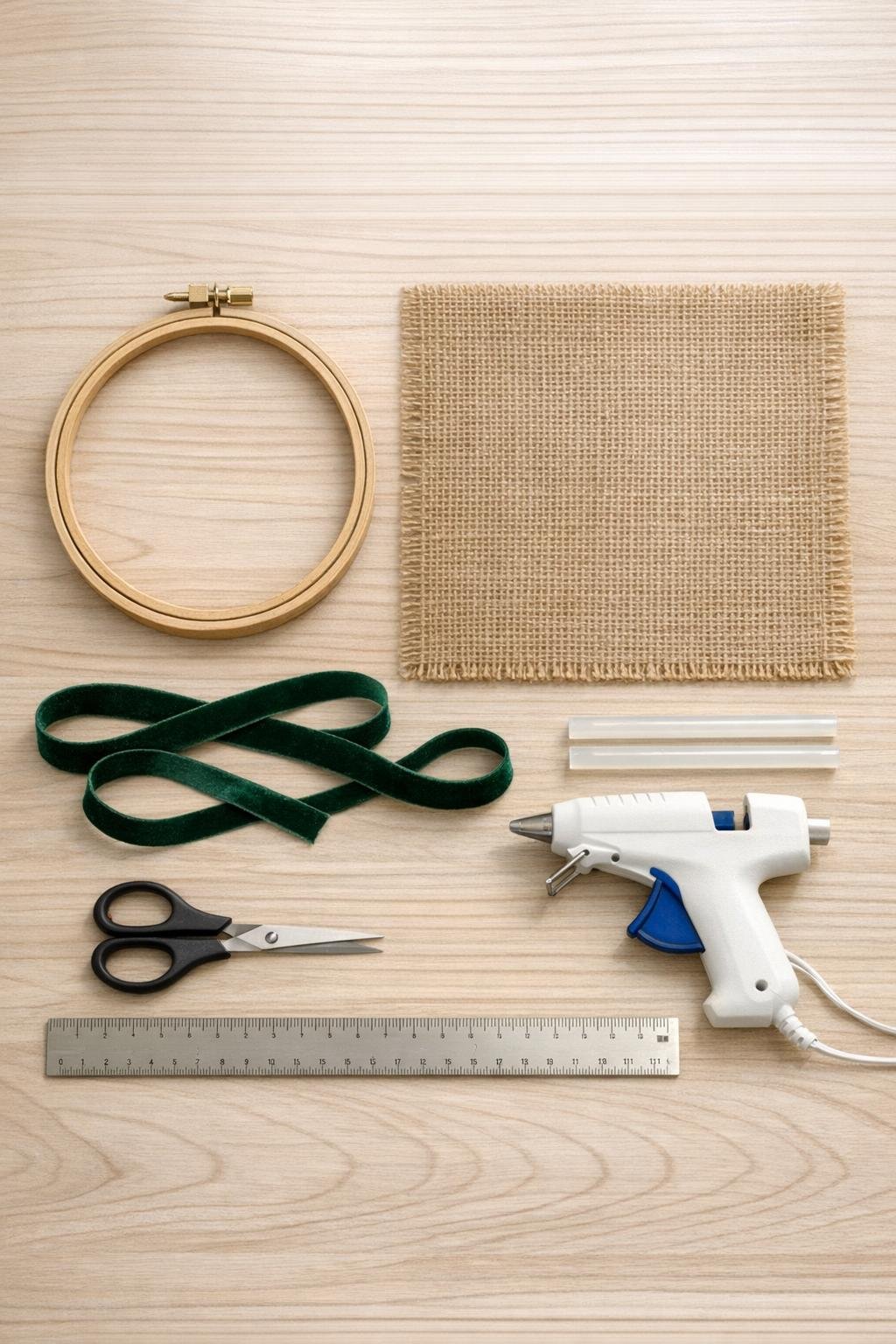 Materials for a burlap embroidery hoop earring display