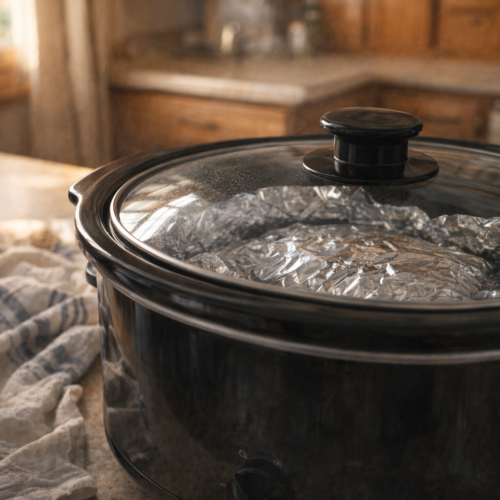 Covered slow cooker ready to cook ribs low and slow