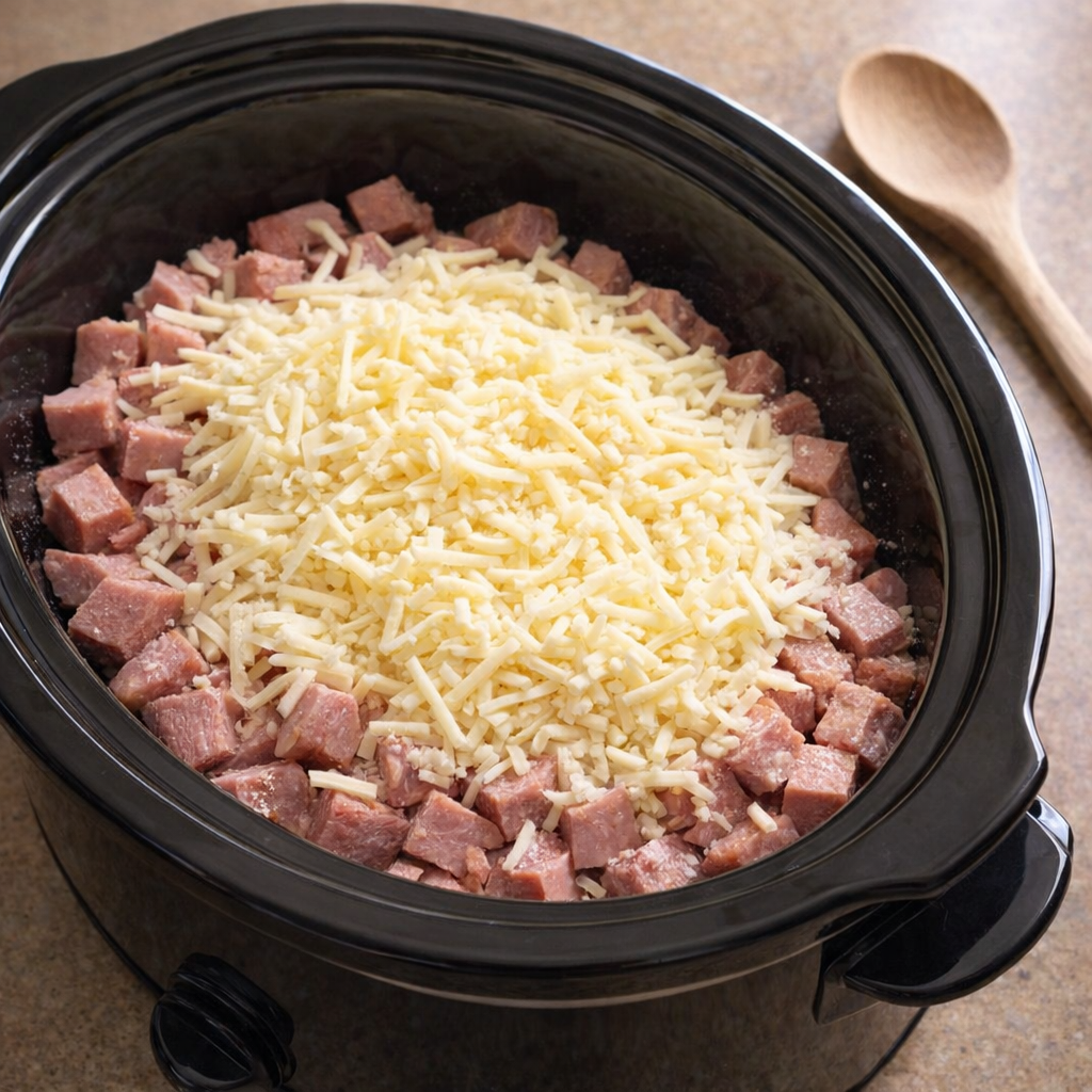 Slow cooker filled with ham and white cheddar before cooking