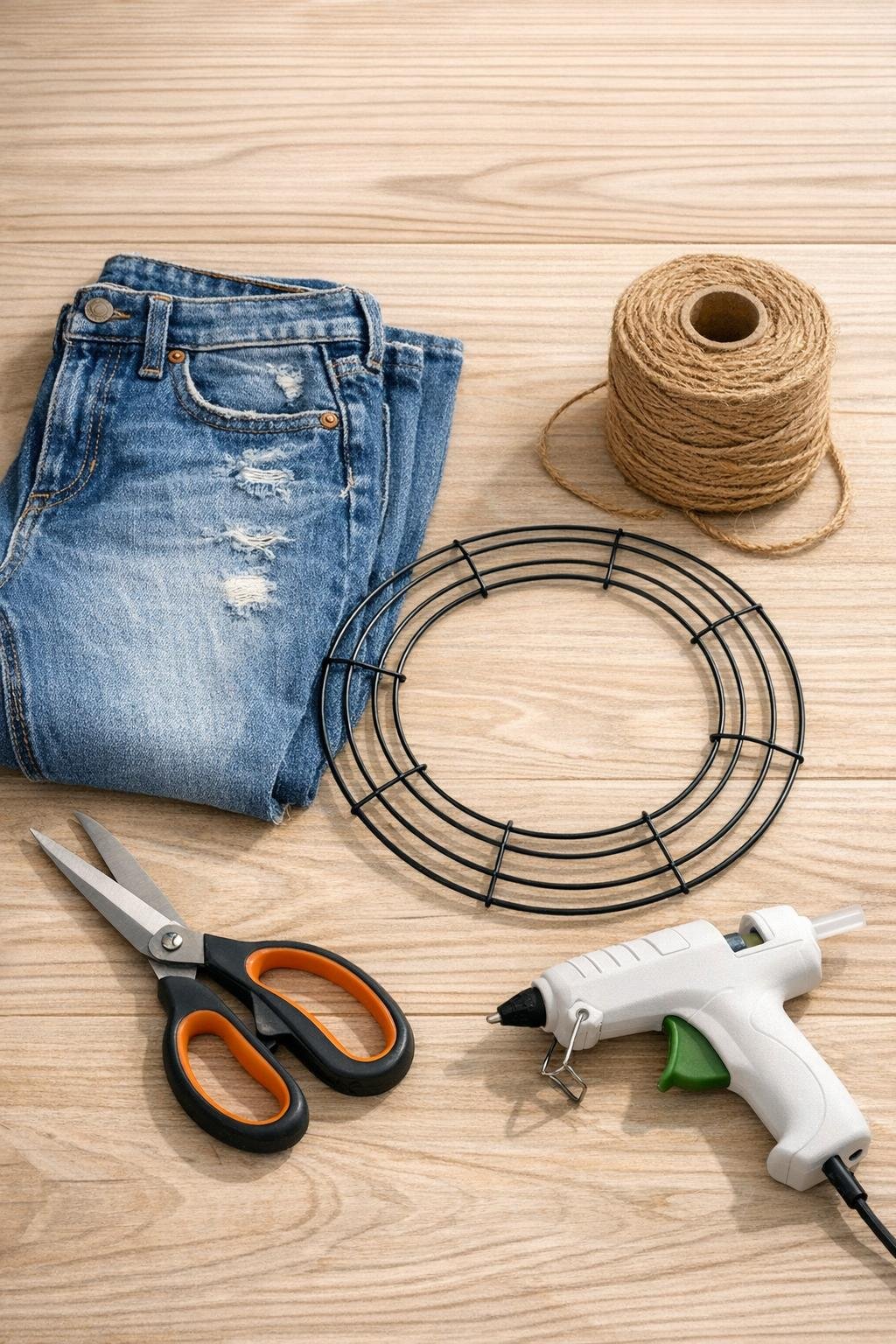 Materials for a denim fall wreath laid out on a table