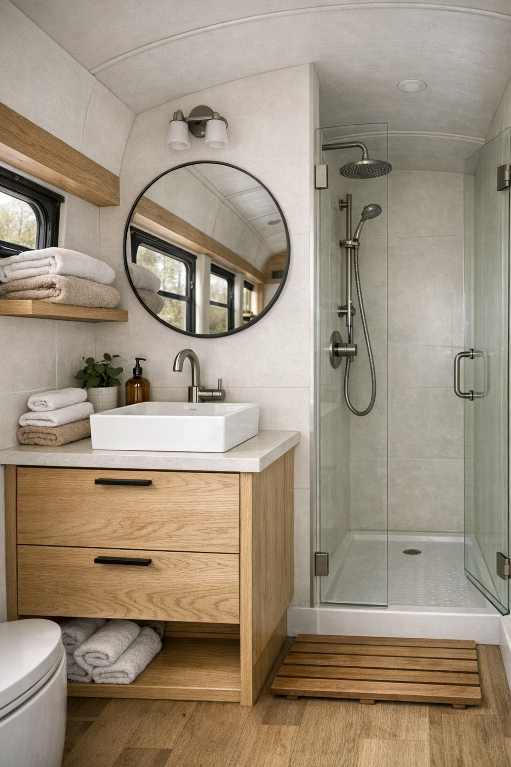 Compact bathroom with light tile, wood vanity, and simple modern fixtures