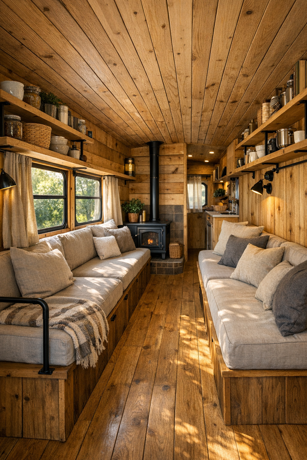 Rustic bus living room with built-in bench seating and warm wood finishes