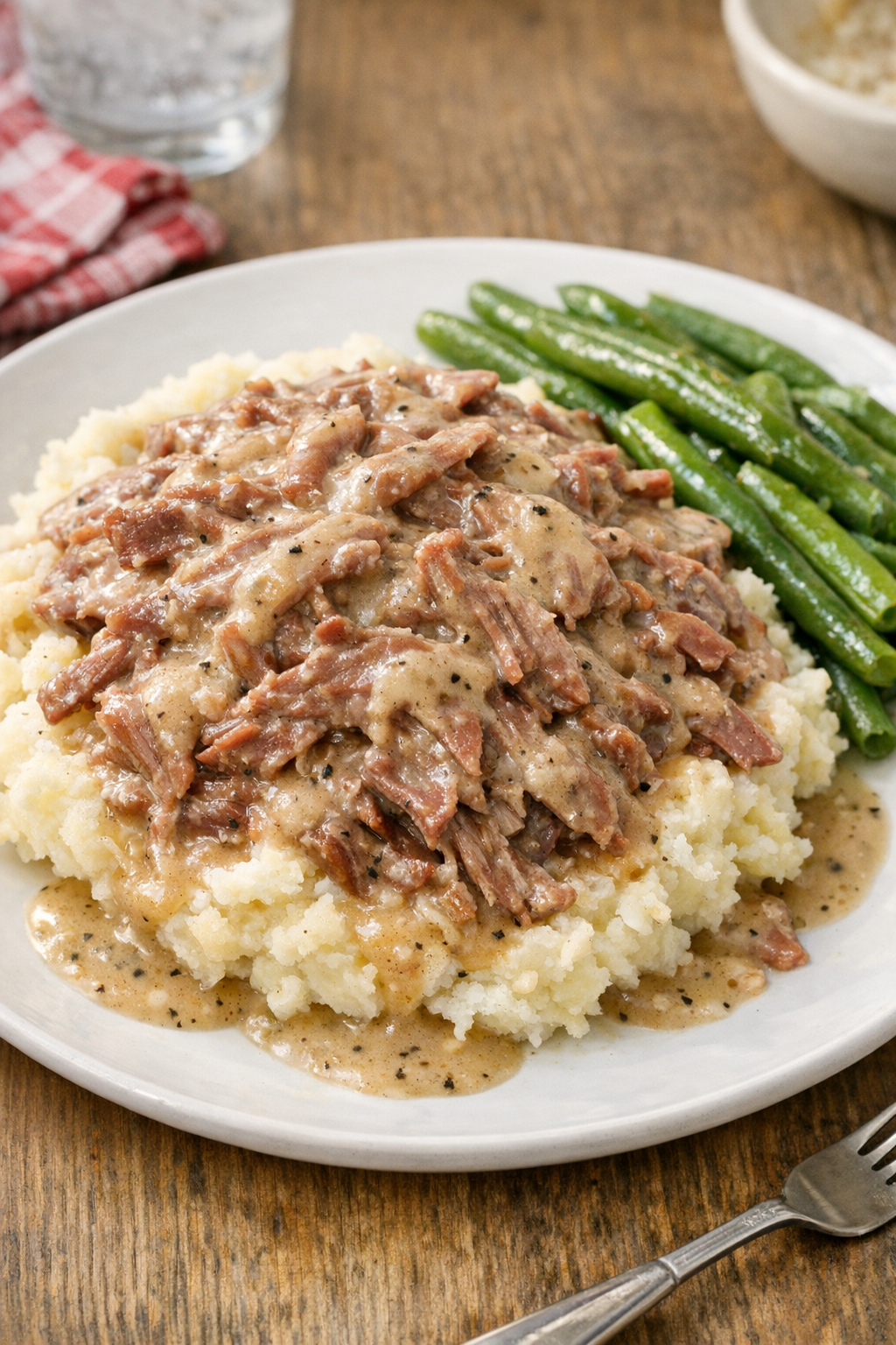 Finished slow cooker beef plated with creamy gravy