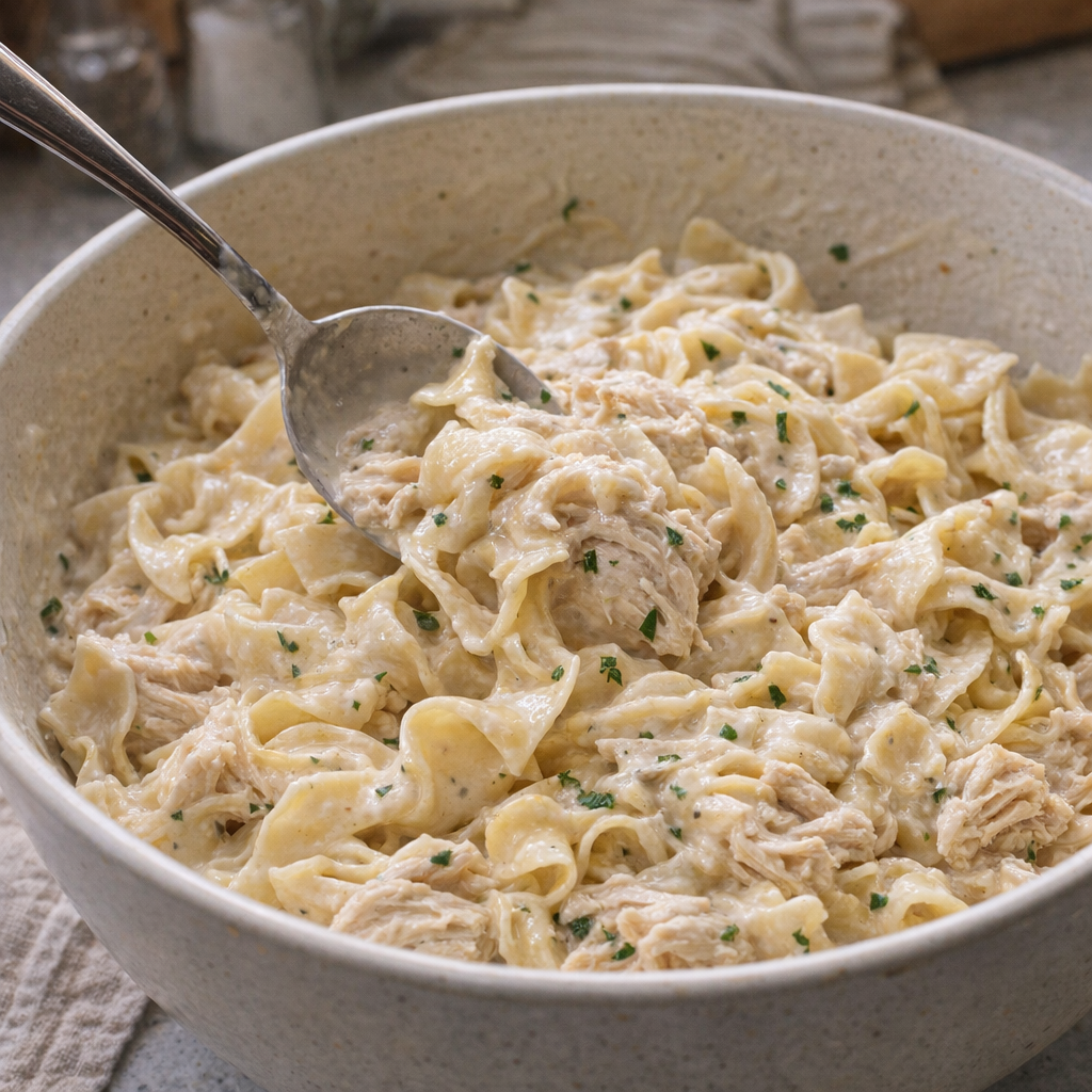 Creamy chicken and noodles being mixed in a large bowl