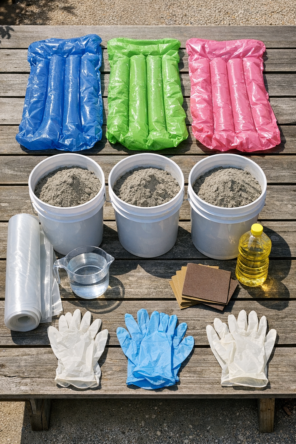 Materials laid out for making ribbed cement patio benches