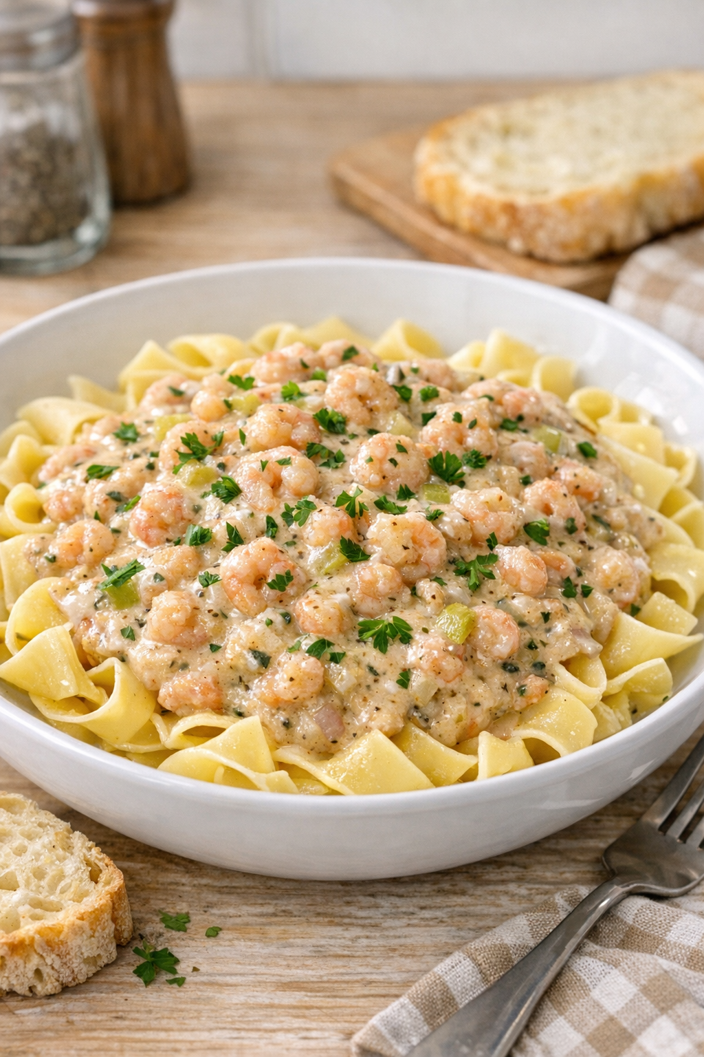 Finished creamy tiny shrimp slow cooker dinner plated and ready to serve
