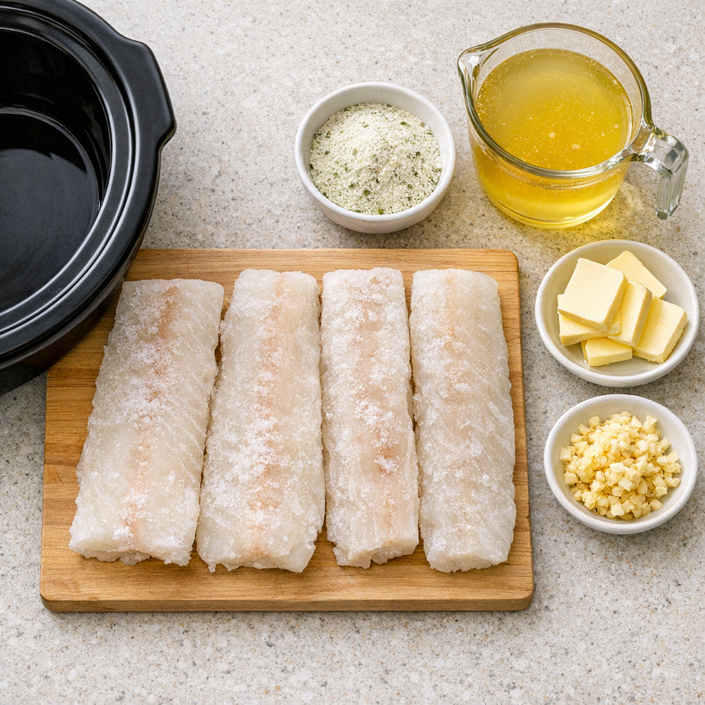 Finished slow cooker pollock plated for serving