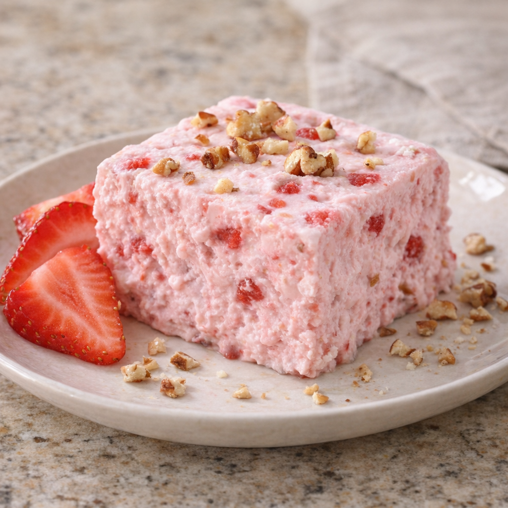 Frozen strawberry fluff square plated with strawberries