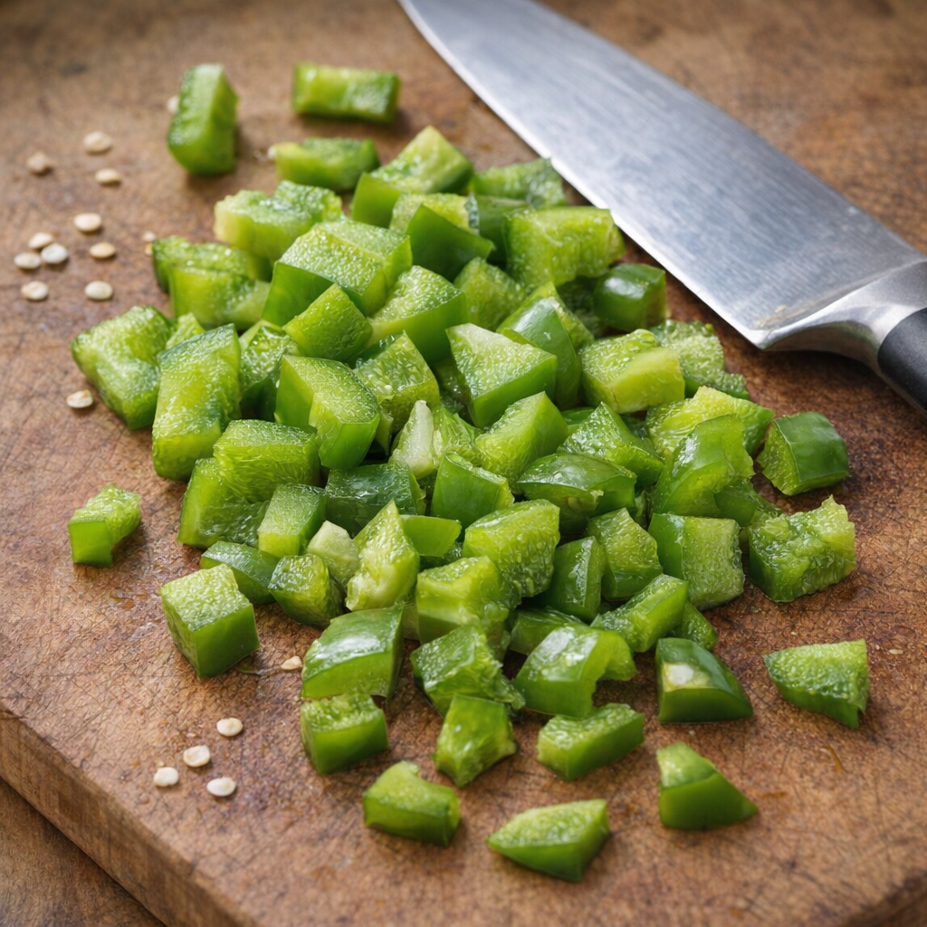 Chopped green bell peppers on a cutting board