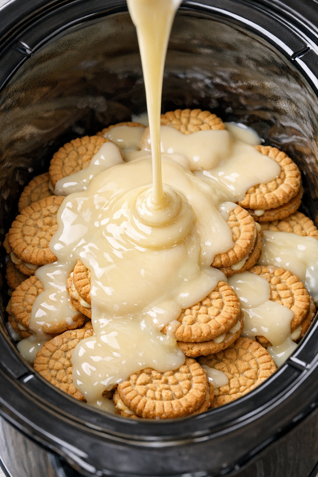 Condensed milk poured over cookies