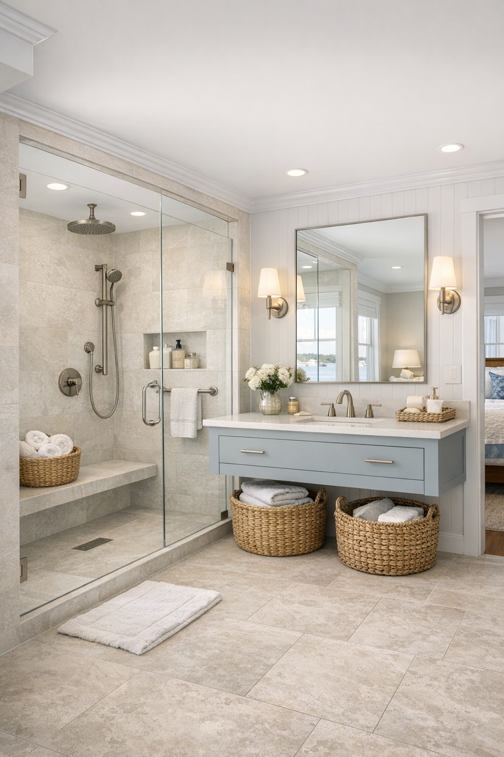 Elegant barrier-free bathroom with curbless shower and pale stone tile