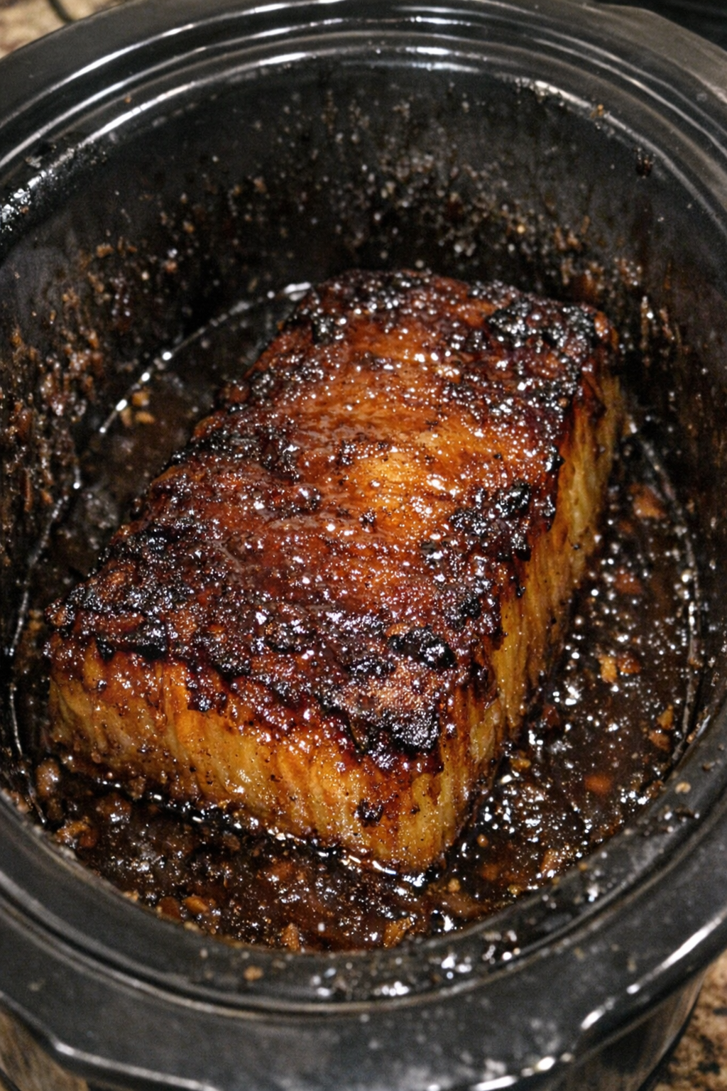 Glistening slow-roasted starchy block in a slow cooker