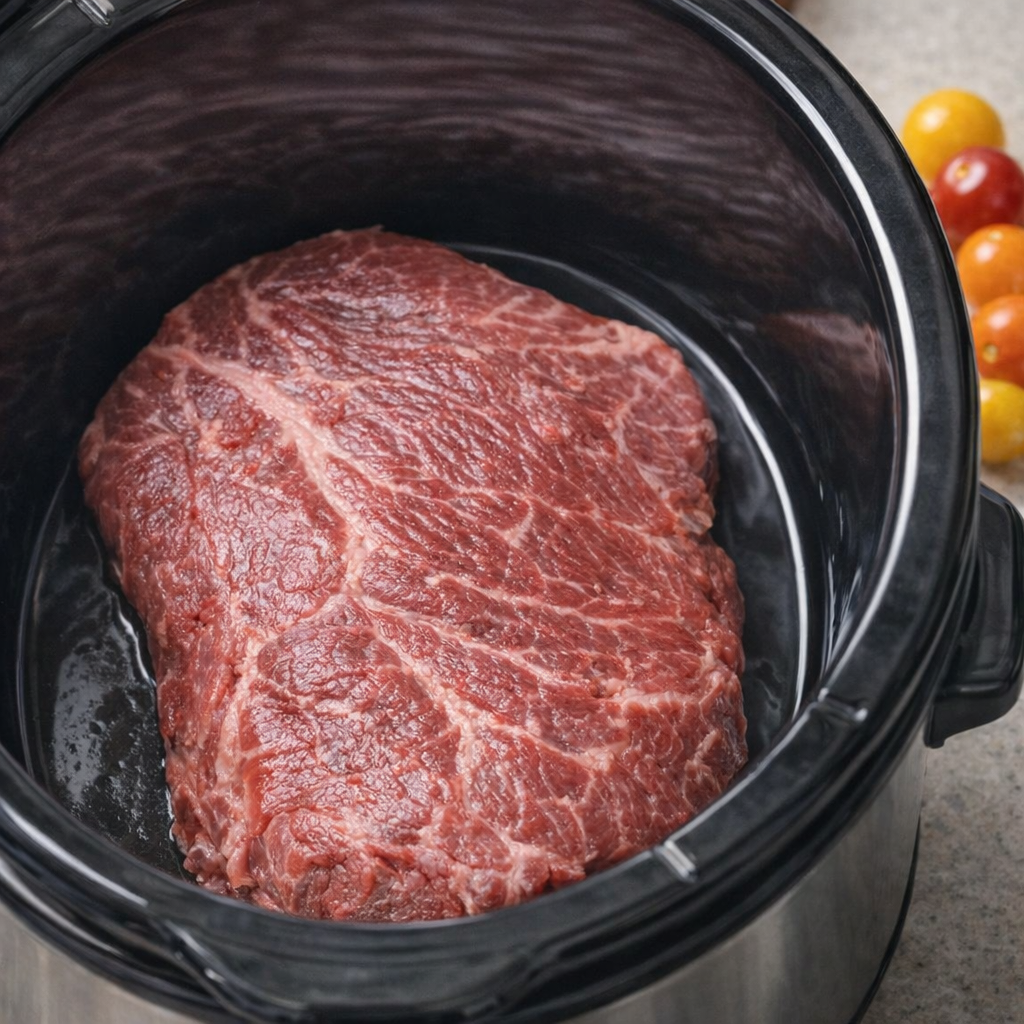 Raw flat iron steak arranged in a slow cooker