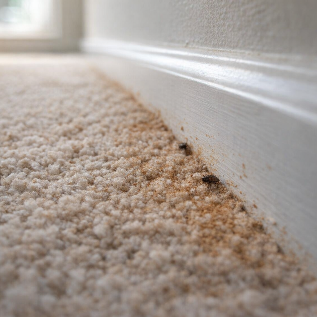 Baseboard and carpet edge inspected for bugs in natural light