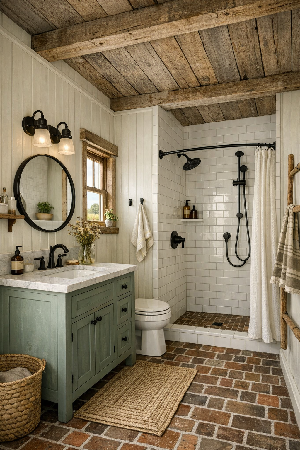 Farmhouse tiny home bathroom with beadboard walls, compact vanity, classic tile, and warm brass accents