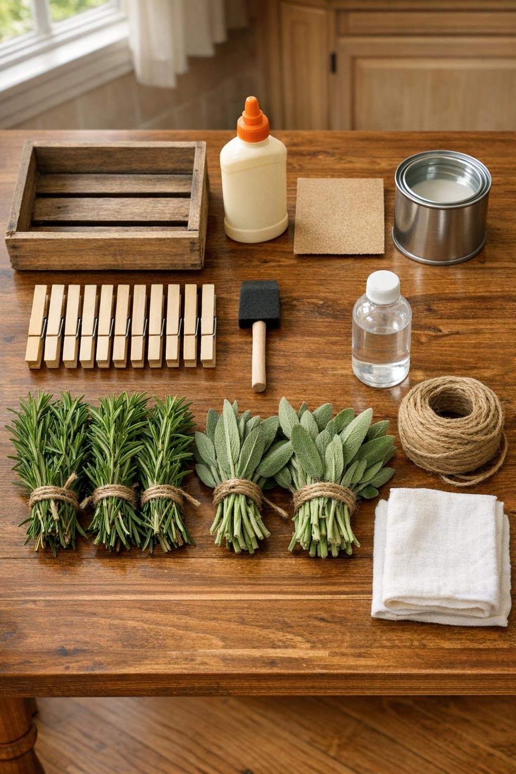 Materials for a wooden crate herb drying rack laid out together