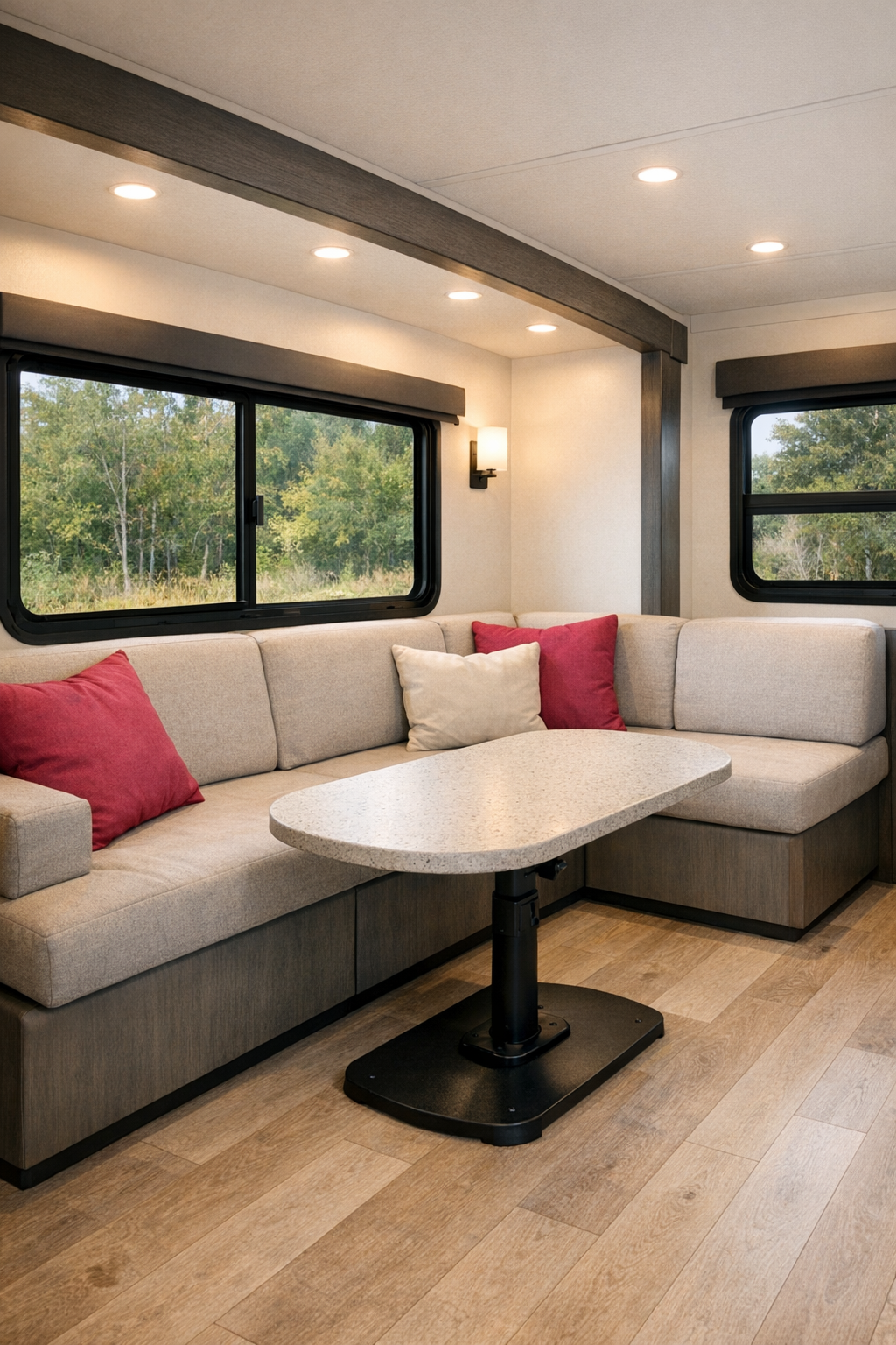 Accessible RV living room with pale oak flooring, charcoal trim, and raspberry accents