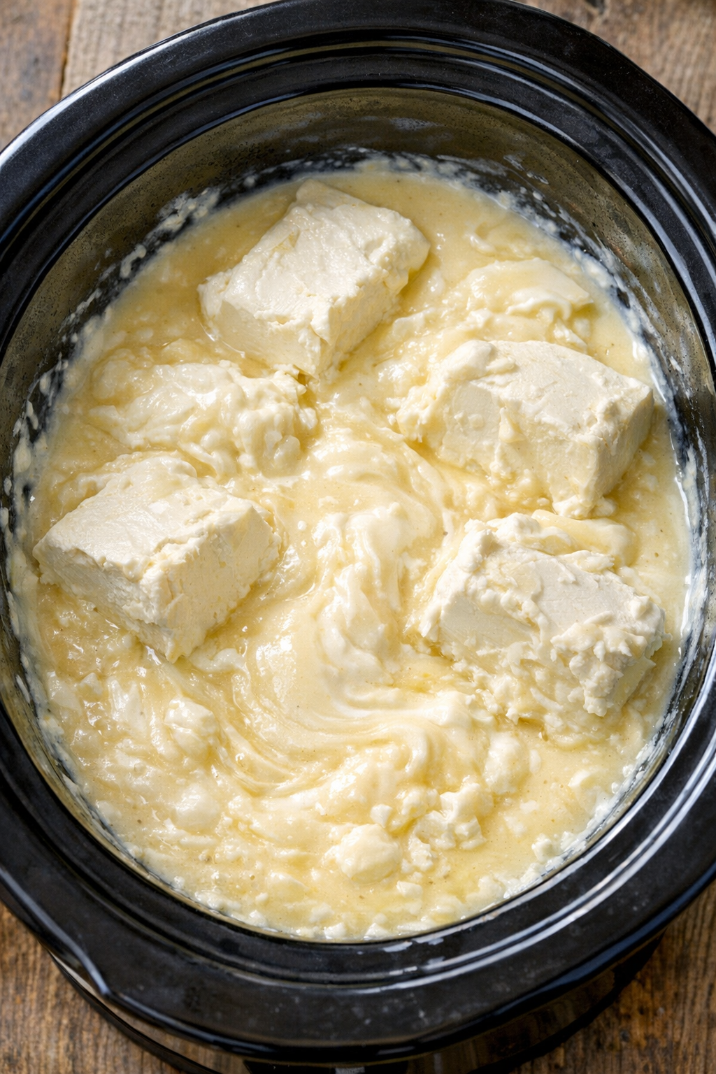 Softened cream cheese mixture in the slow cooker