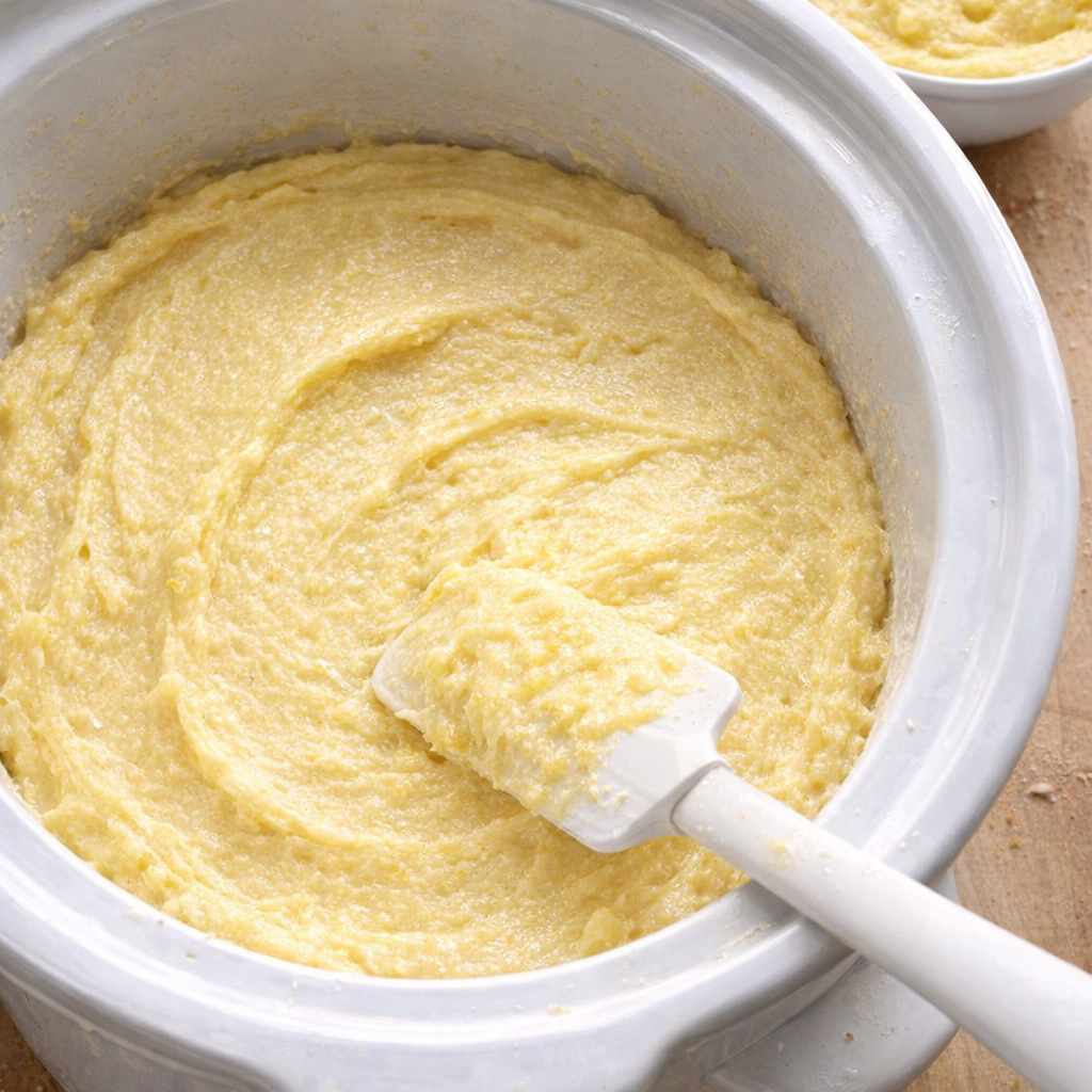 Lemon cake batter being spread into a slow cooker