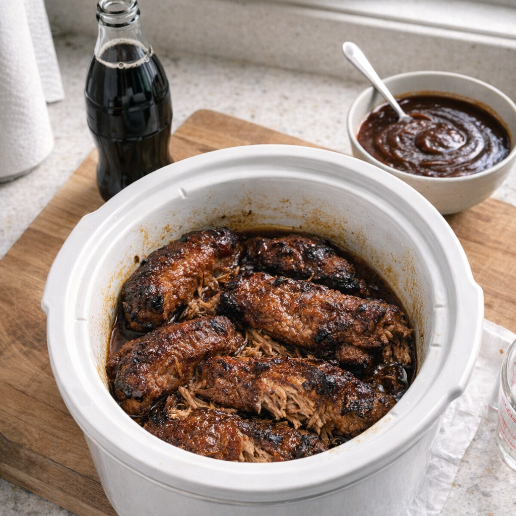Slow cooker ribs ingredients on a kitchen counter