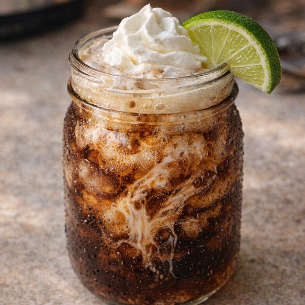 Finished dirty cola topped with whipped cream and lime