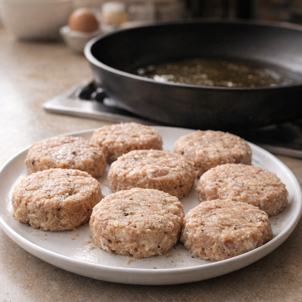 Uncooked tuna patties shaped and ready beside a hot skillet