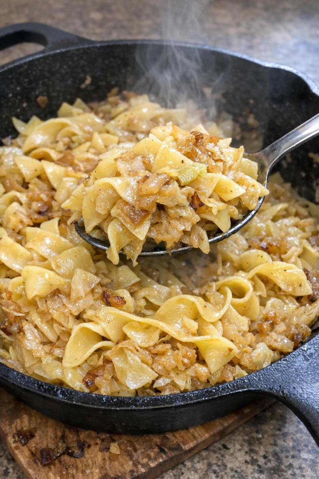 Buttery egg noodles and golden-brown cabbage in a cast iron skillet