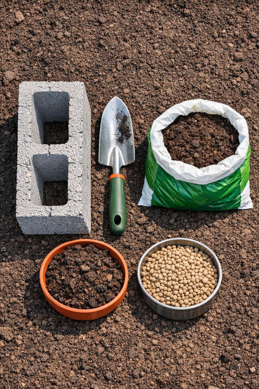 Cinder block, potting soil, garden trowel, and dry soil amendments laid out together