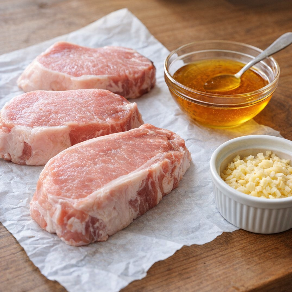 Simple ingredients for honey garlic pork chops