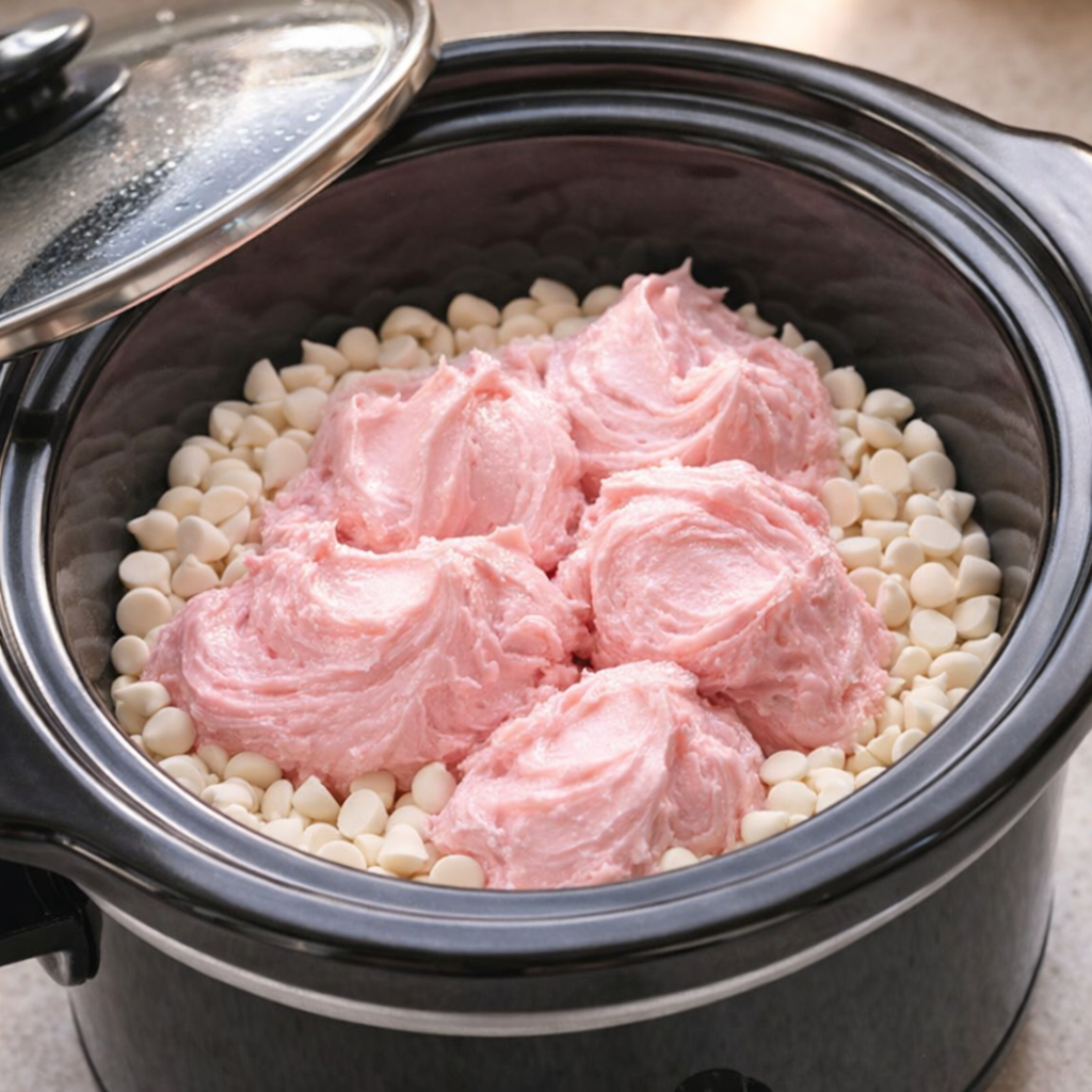 Slow cooker filled with strawberry frosting and white chocolate chips