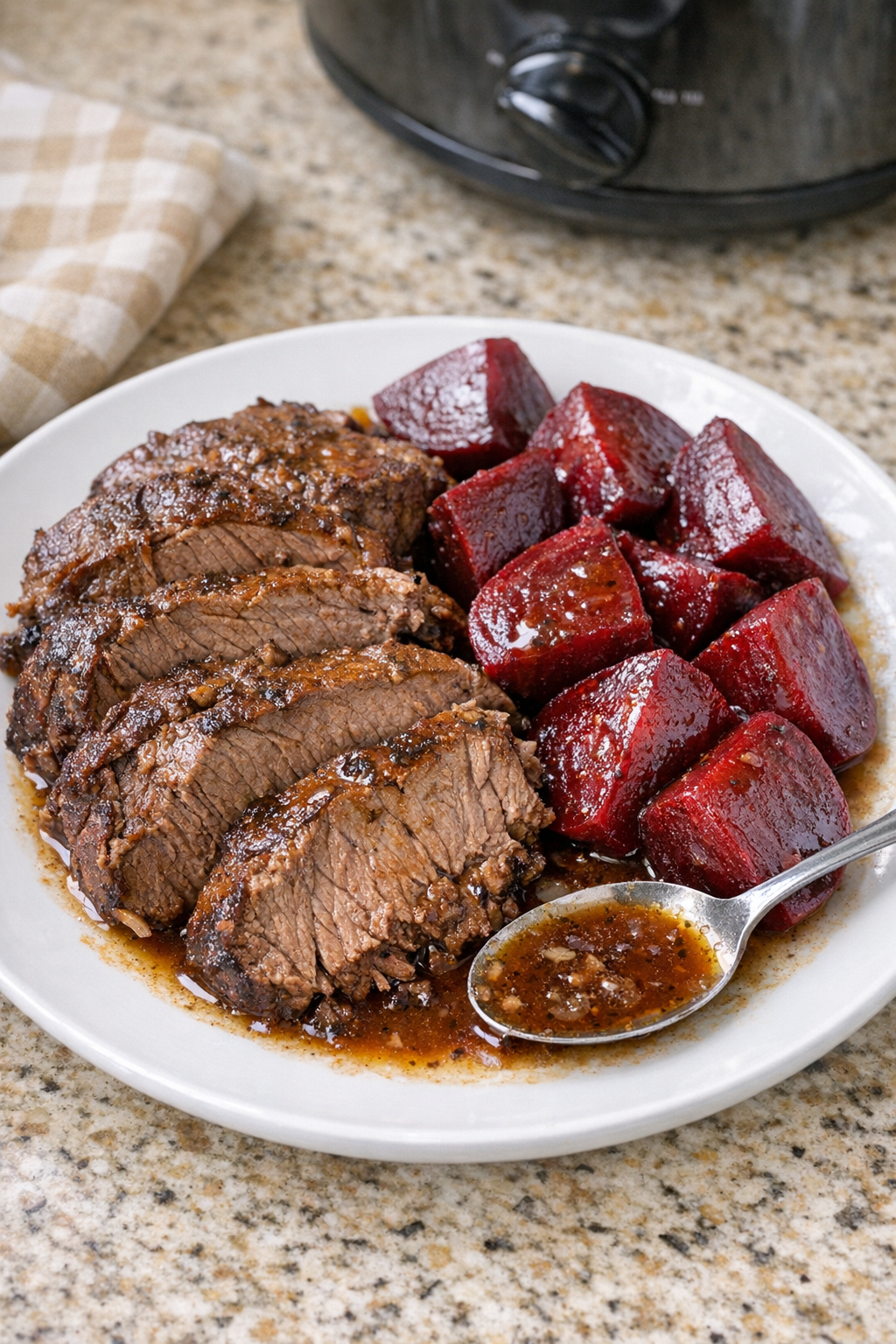 Finished Amish beet beef plated for supper
