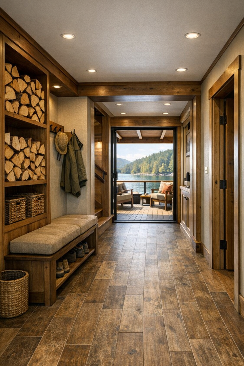 Thoughtful secondary area with built-in storage, wide hallway, and connected deck access