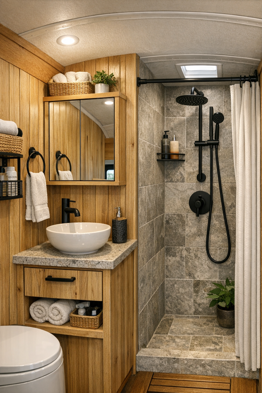 Small rustic bus bathroom with wood walls, stone-toned shower, and black fixtures