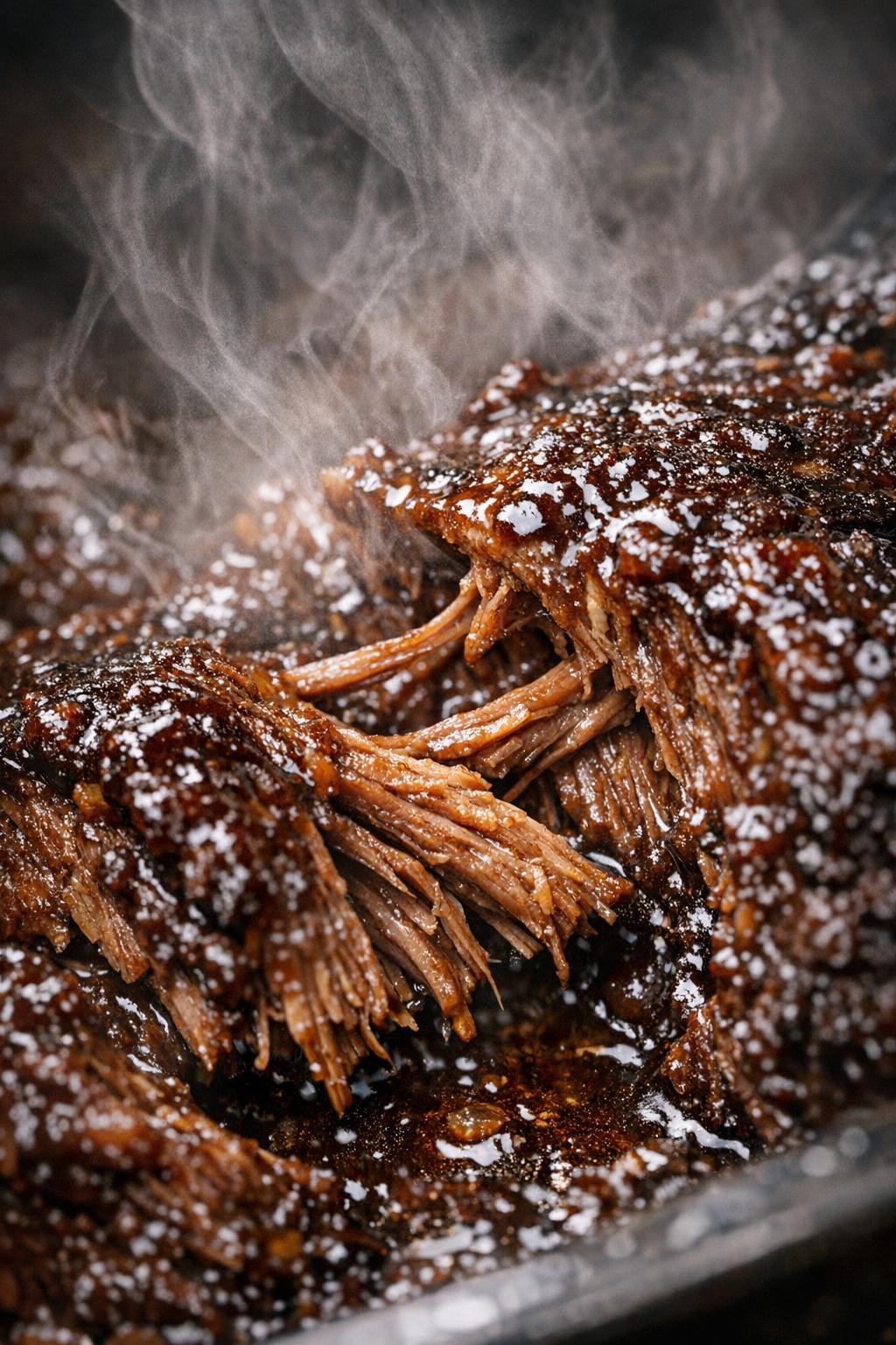 Slow cooker glazed flat iron steak pulling apart in dark sauce
