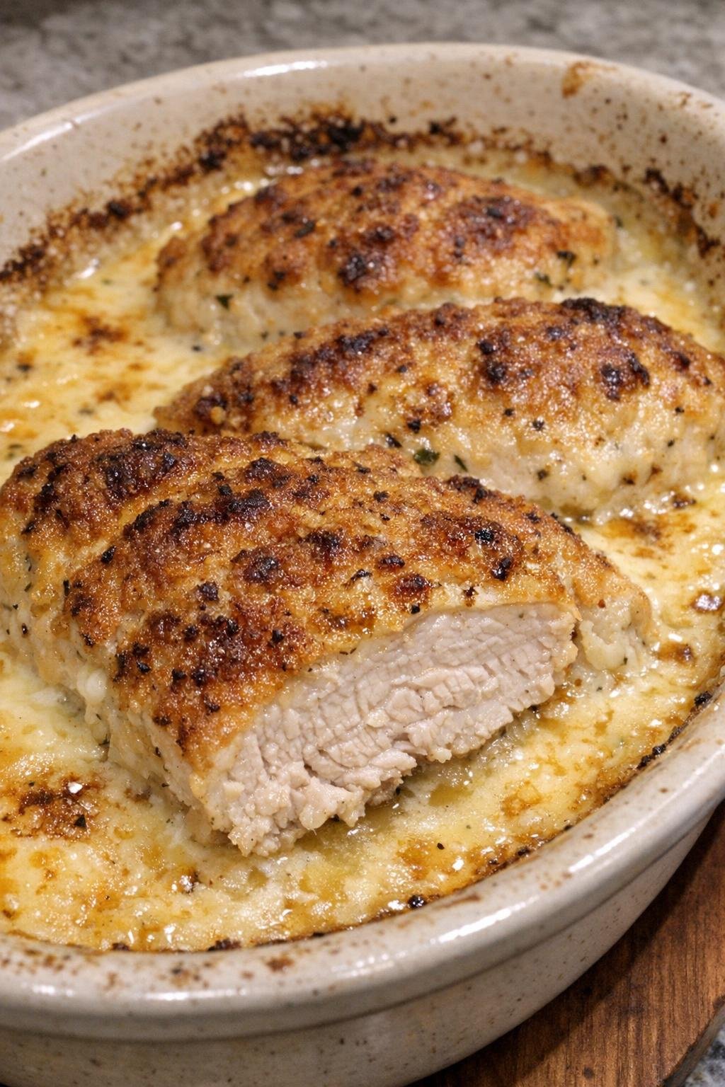 Golden-brown chicken cutlets with creamy sauce in an oval stoneware dish