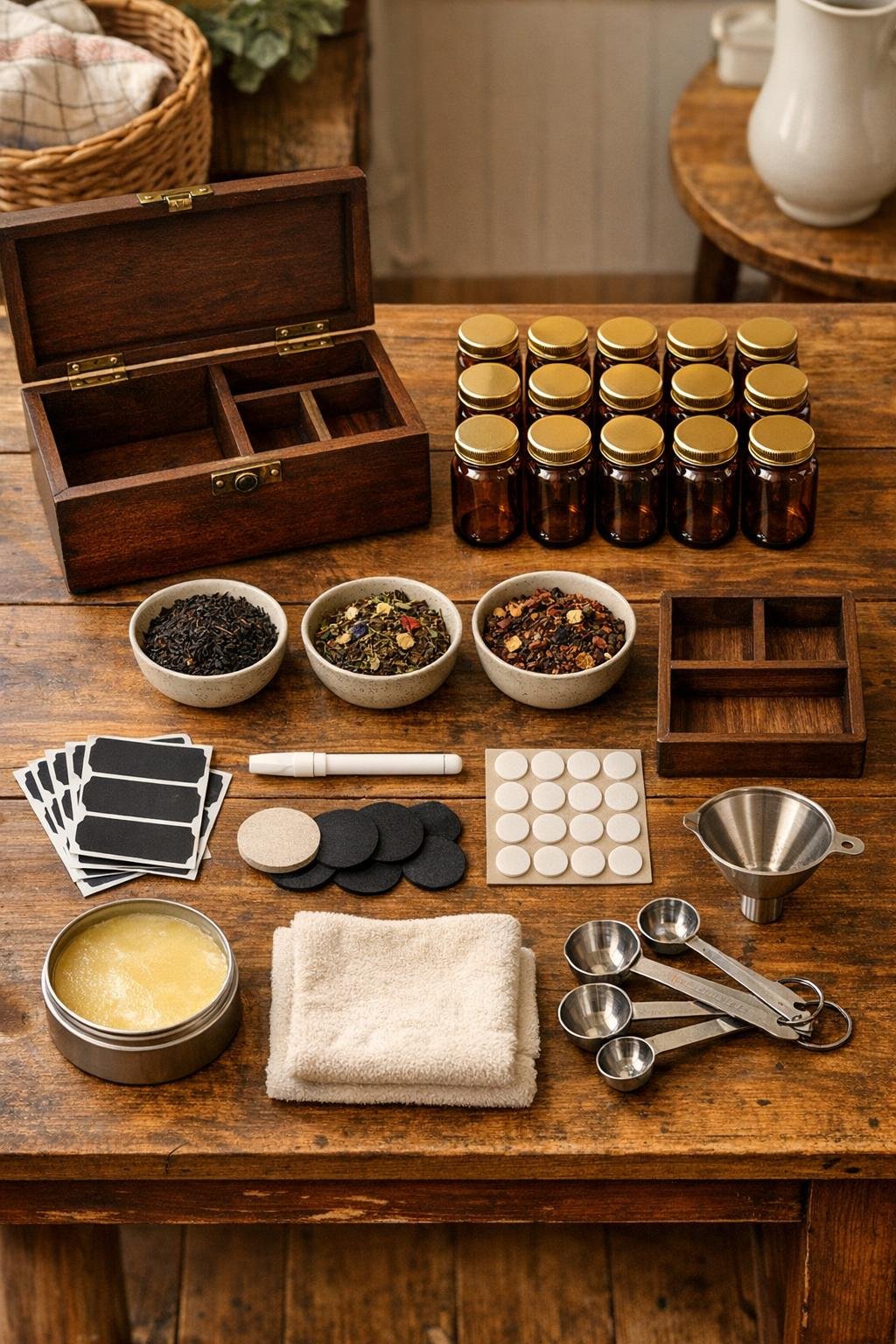 Vintage sewing box, spice jars, tea supplies, and finishing materials laid out together