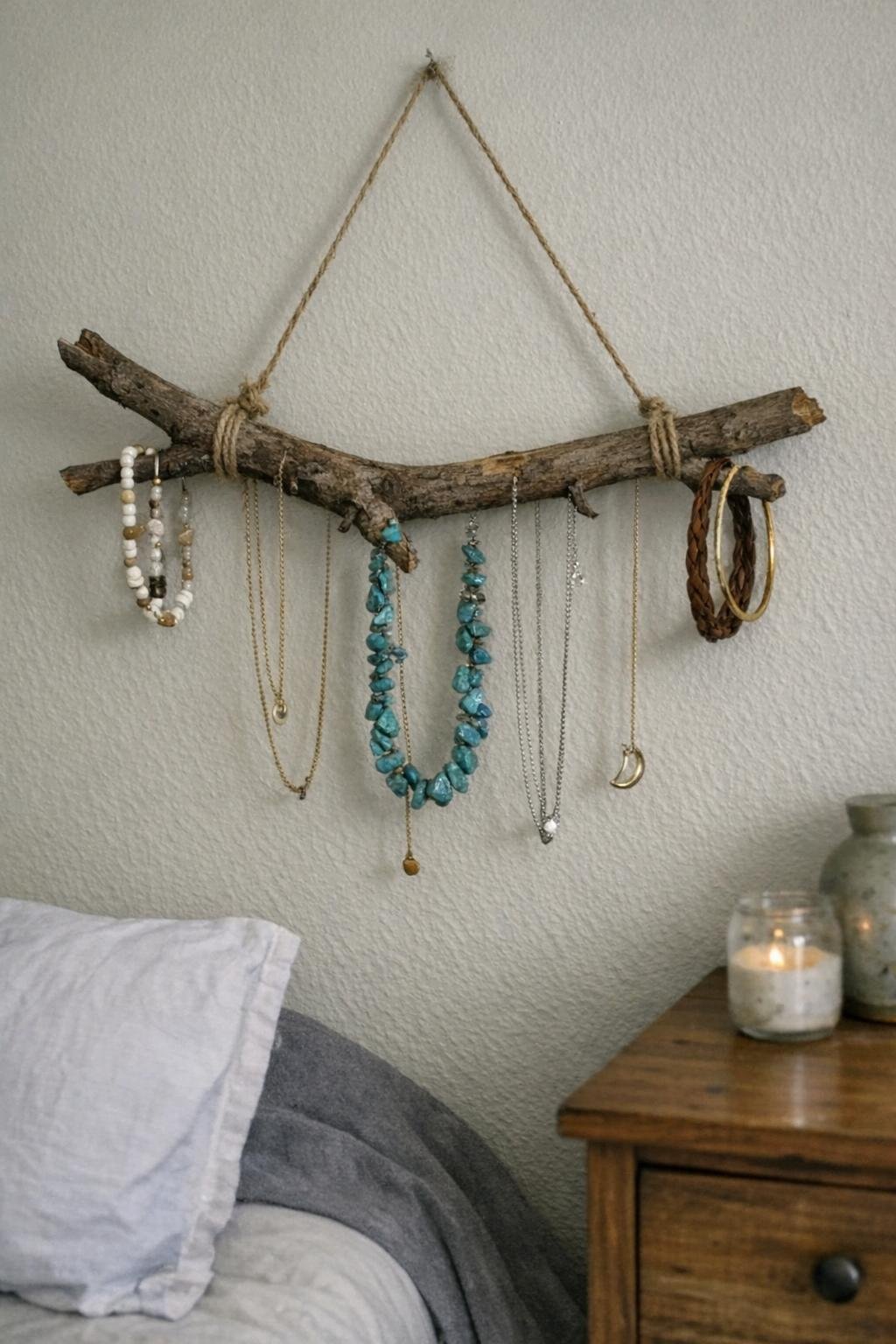Forked branch jewelry hanger with twine