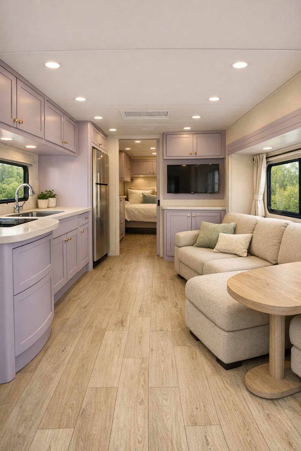 Accessible RV camper living room with pastel lavender accents and pale oak flooring